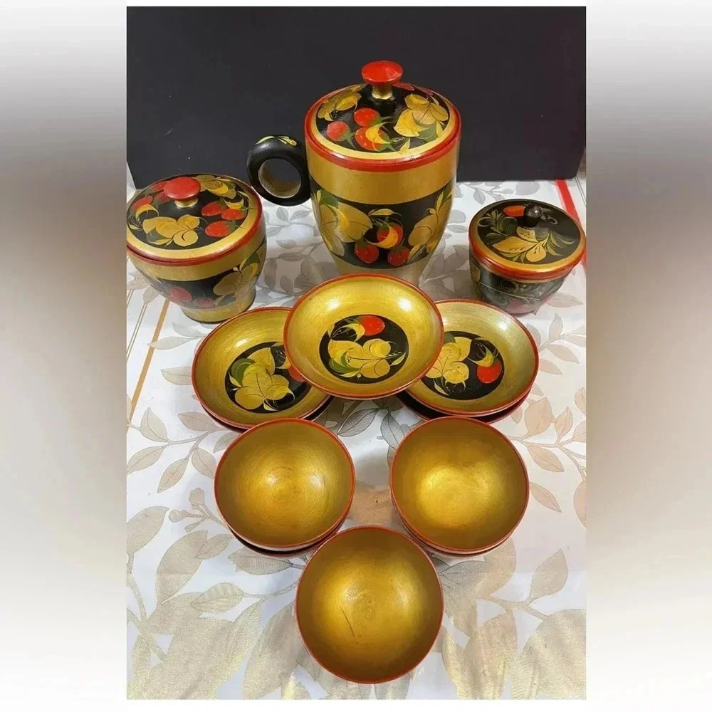 Set Of 13+Vintage Russian (USSR) Khokhloma Hand Painted  Wooden Jars Bowls Plate